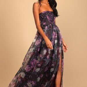 Lulus Wonderful Waltz Purple Floral Print Strapless Bustier Maxi Dress - Size L